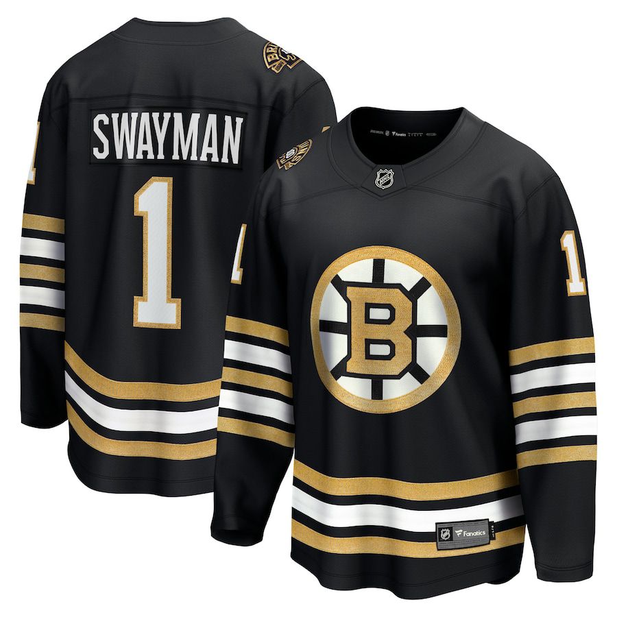 Men Boston Bruins #1 Jeremy Swayman Fanatics Branded Black 100th Anniversary Premier Breakaway Player NHL Jersey